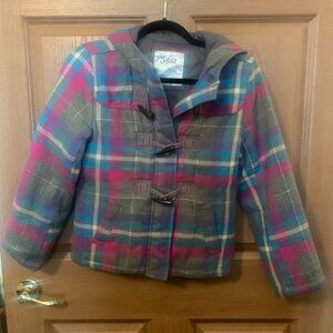 Girls Pea Coat Justice Plaid Gray Pink Purple Blue Sz 12 with Hood